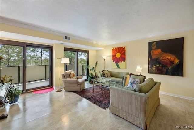 living room with crown molding and a textured ceiling