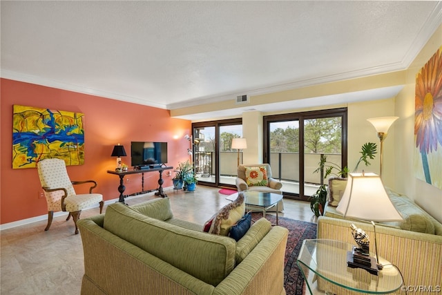 living room featuring ornamental molding