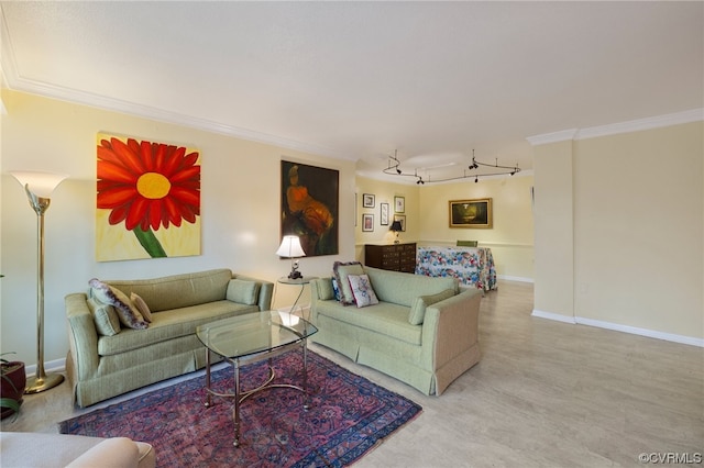 living room with rail lighting and crown molding