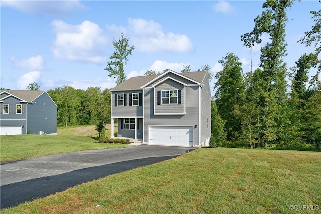 view of front of house with aphalt driveway, a garage, and a front lawn