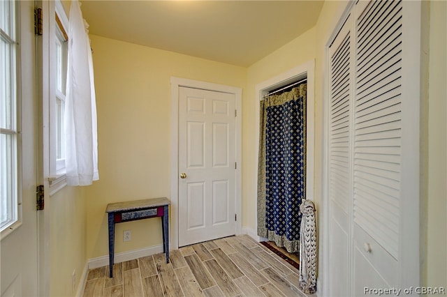 interior space with a closet and light hardwood / wood-style floors