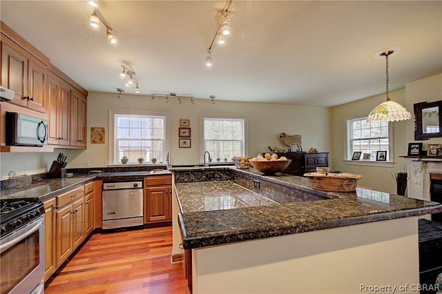 kitchen with a healthy amount of sunlight, pendant lighting, stainless steel appliances, and light wood-type flooring