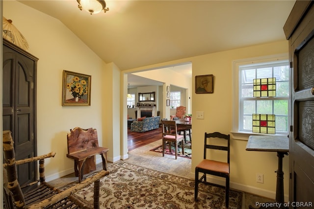 sitting room featuring light hardwood / wood-style floors and lofted ceiling