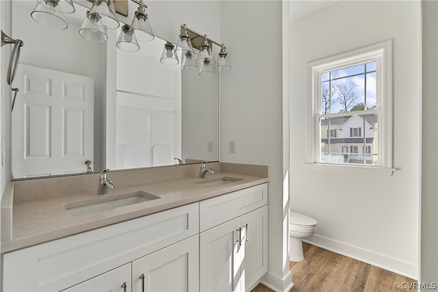 bathroom with hardwood / wood-style flooring, double sink, vanity with extensive cabinet space, and toilet