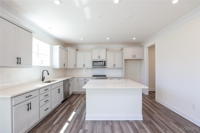 kitchen featuring decorative backsplash, a kitchen island, wood finished floors, stainless steel appliances, and a sink