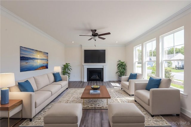 living area with ornamental molding, a fireplace, wood finished floors, and baseboards