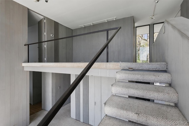 stairs featuring light colored carpet and rail lighting