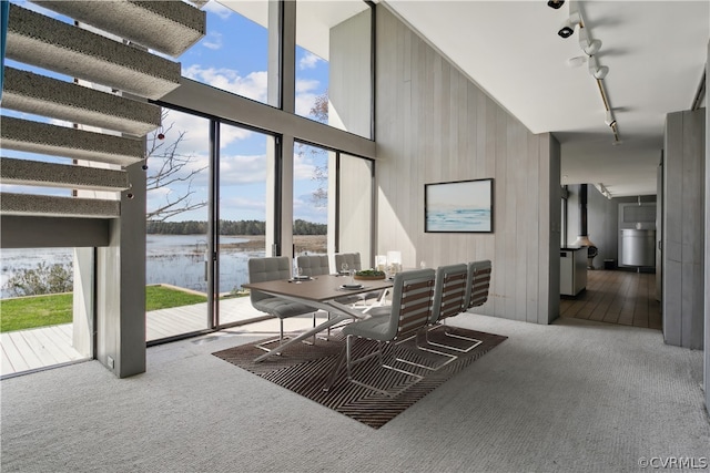 dining area featuring rail lighting, plenty of natural light, carpet floors, and a water view