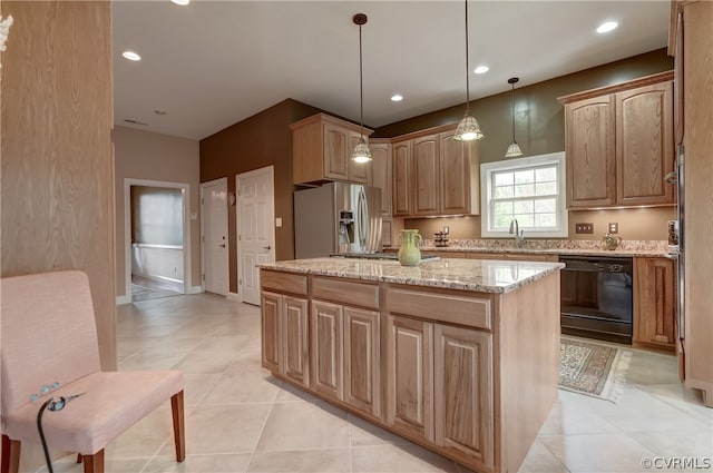 kitchen with light stone countertops, dishwasher, a center island, stainless steel fridge, and pendant lighting