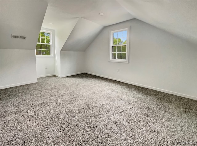 additional living space featuring vaulted ceiling and carpet flooring