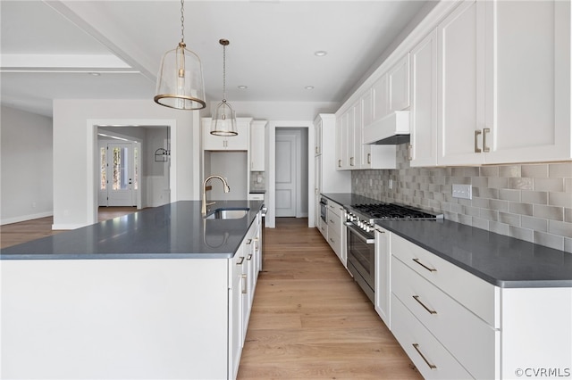 kitchen featuring light hardwood / wood-style floors, stainless steel stove, premium range hood, sink, and white cabinetry