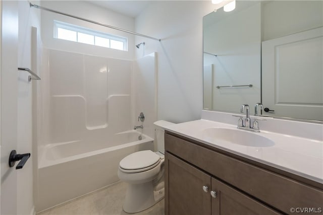 full bathroom featuring shower / tub combination, vanity, toilet, and tile patterned flooring