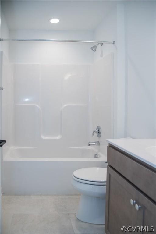 full bathroom featuring toilet, shower / bath combination, tile patterned floors, and vanity