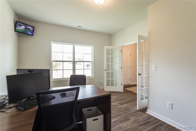 office space with dark wood-type flooring and french doors