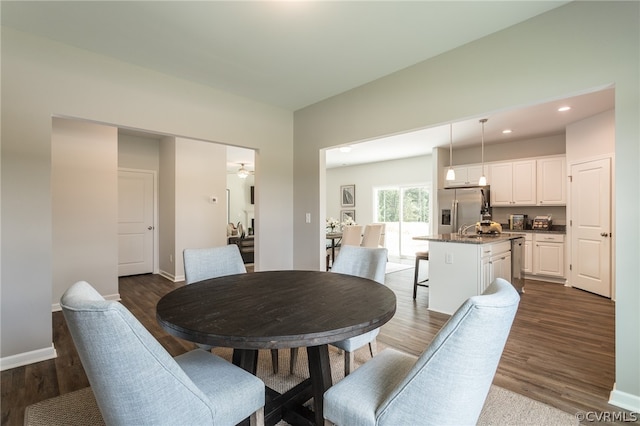 dining area with sink and wood-type flooring