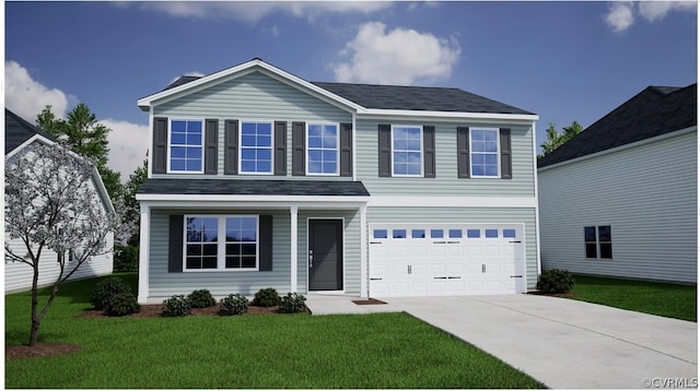 view of front of house with a garage and a front lawn