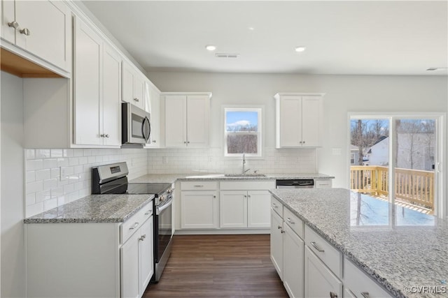 229 Bellevue Cir, King William, VA 23009 - kitchen featuring appliances with stainless steel finishes, a sink, white cabinets, plenty of natural light, and recessed lighting