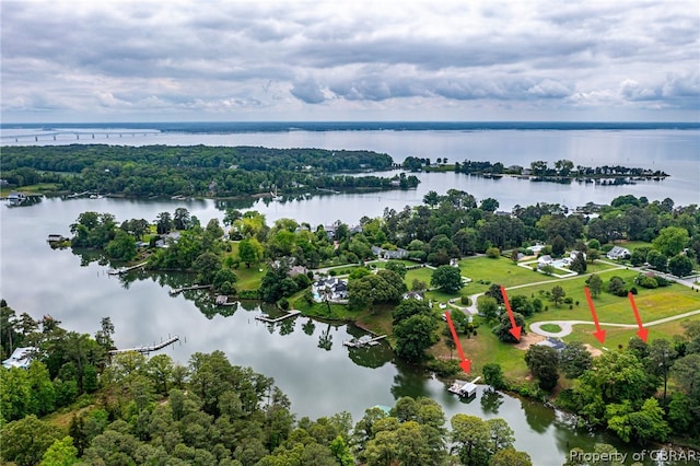 drone / aerial view with a water view