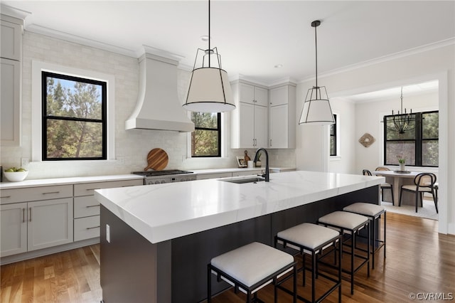 kitchen featuring custom exhaust hood, hardwood / wood-style floors, an island with sink, sink, and pendant lighting