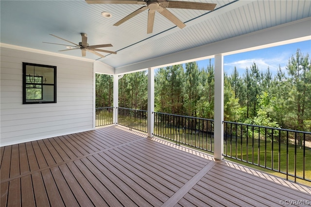 wooden terrace featuring ceiling fan