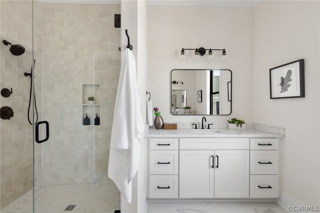 bathroom featuring walk in shower, vanity, and tile floors