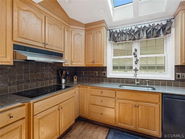 kitchen with dark wood-type flooring, black appliances, backsplash, sink, and a skylight