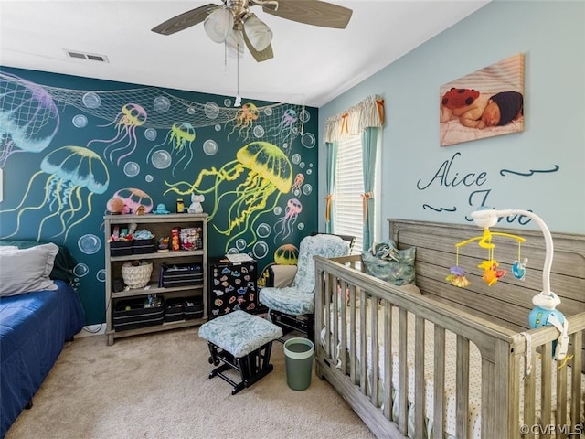 bedroom featuring carpet flooring and ceiling fan