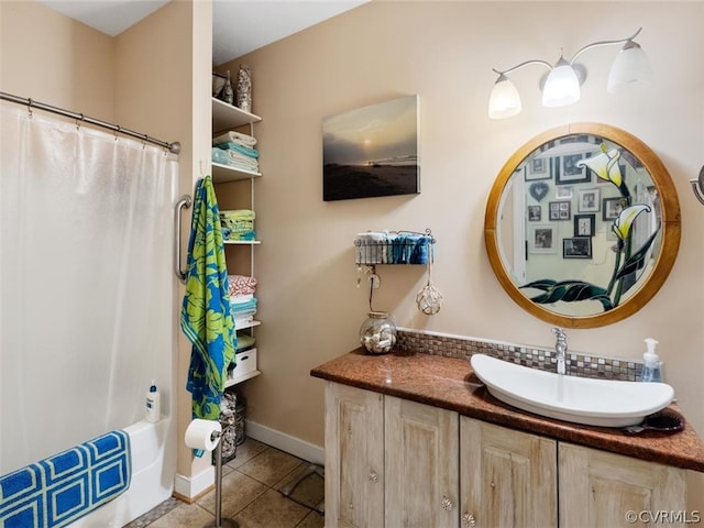 bathroom with vanity, tile floors, and shower / tub combo with curtain