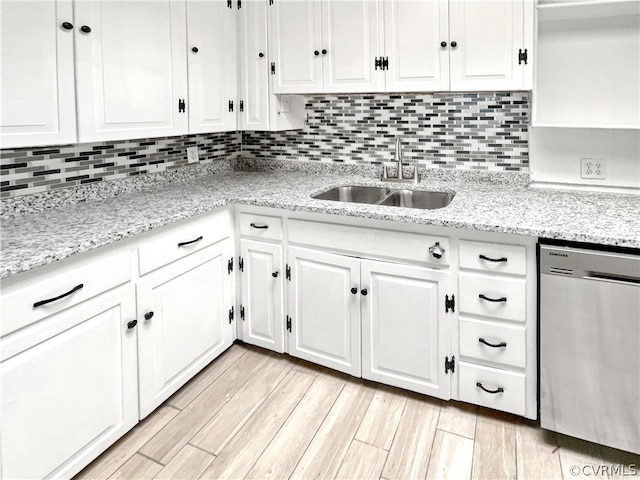 kitchen featuring white cabinetry, sink, tasteful backsplash, and stainless steel dishwasher