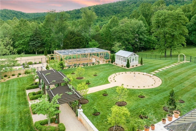 view of aerial view at dusk