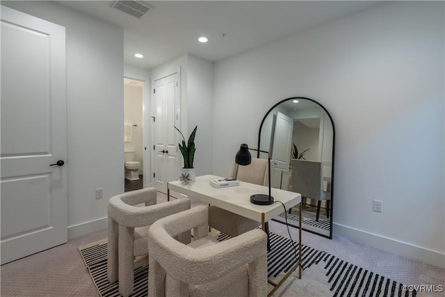 carpeted office with recessed lighting, visible vents, and baseboards