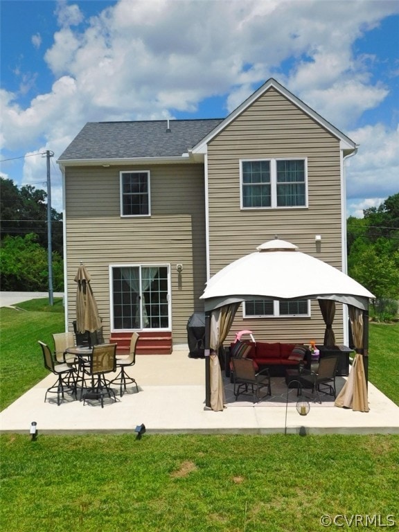 back of house with a patio, an outdoor hangout area, and a gazebo