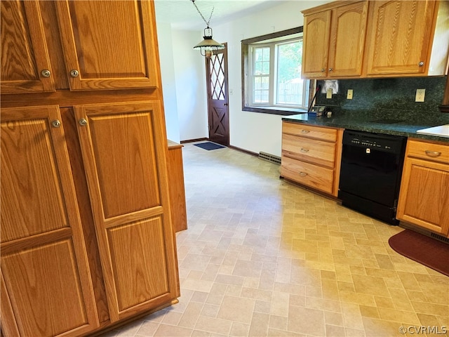 kitchen with pendant lighting, tasteful backsplash, and black dishwasher