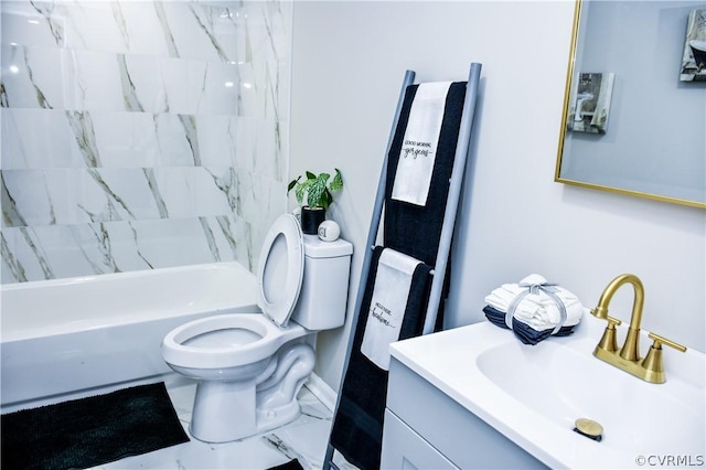 full bathroom featuring vanity, tiled shower / bath combo, and toilet