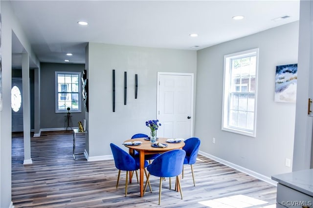 dining space featuring wood-type flooring