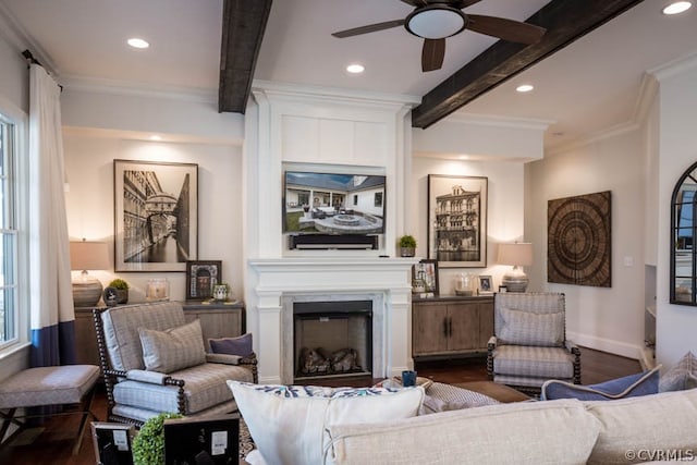 living room with beam ceiling, crown molding, ceiling fan, and hardwood / wood-style floors