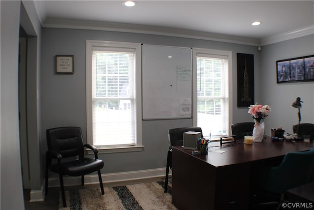 office space featuring hardwood / wood-style flooring and crown molding