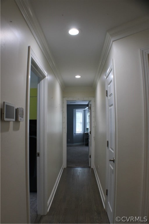 hall featuring dark hardwood / wood-style floors and crown molding