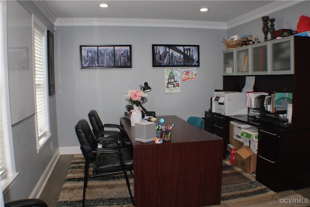 office space with dark wood-type flooring and crown molding