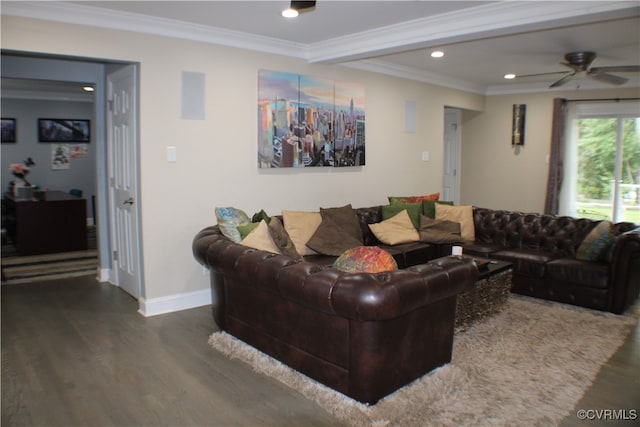 living room with ceiling fan, beam ceiling, dark hardwood / wood-style flooring, and ornamental molding