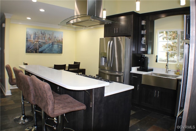 kitchen featuring stainless steel fridge with ice dispenser, island range hood, a breakfast bar, and a center island