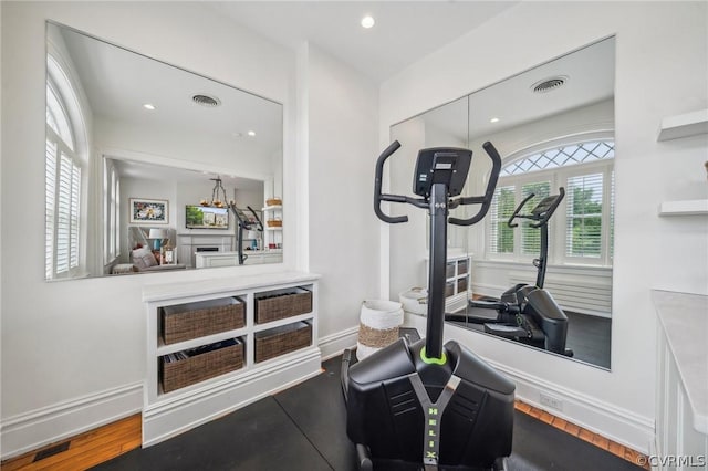 workout room featuring hardwood / wood-style flooring