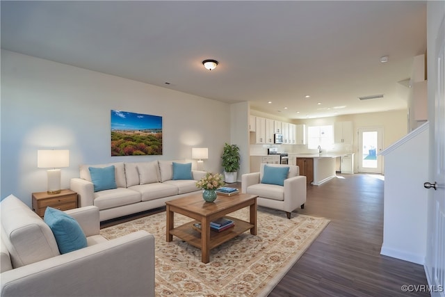 living room featuring hardwood / wood-style floors and sink