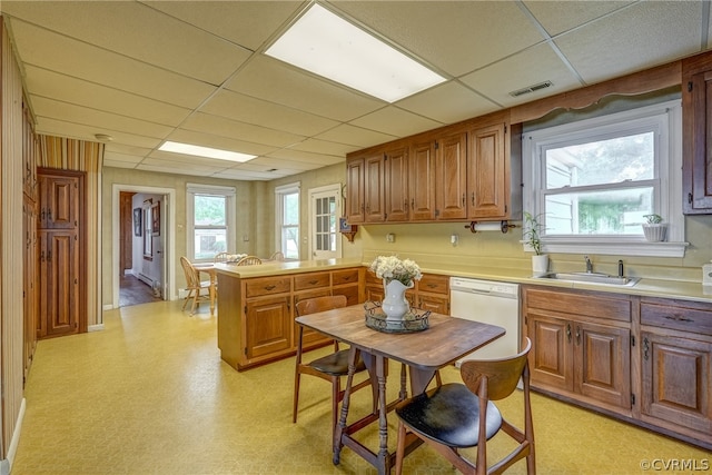 kitchen with sink, dishwasher, and a paneled ceiling