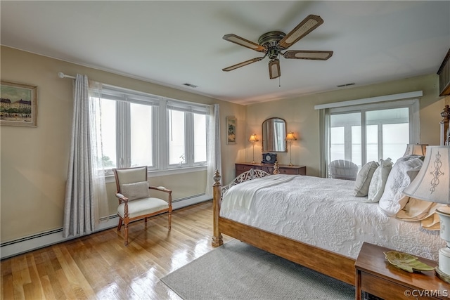 bedroom with light wood-type flooring and ceiling fan