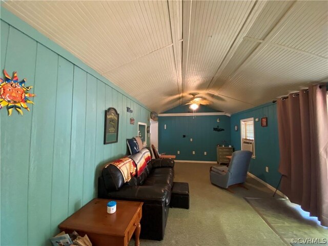 living room with vaulted ceiling and ceiling fan