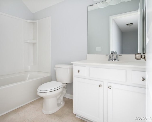 full bathroom featuring tile patterned flooring, vaulted ceiling, toilet, vanity, and shower / bathtub combination