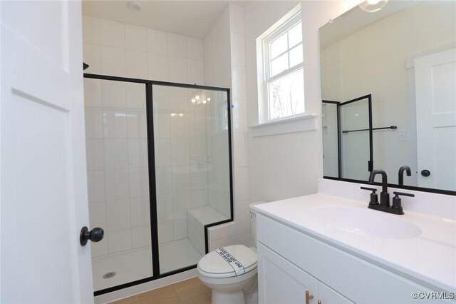 bathroom featuring vanity, toilet, and a shower with door