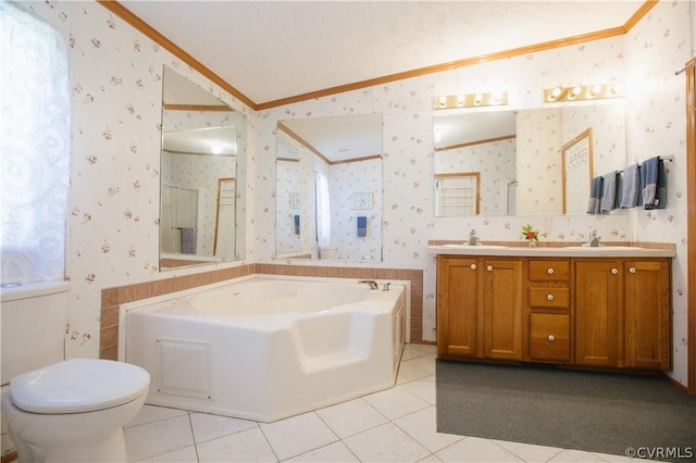 bathroom featuring a bathtub, lofted ceiling, tile patterned floors, ornamental molding, and vanity