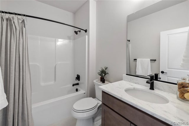 full bathroom featuring shower / bath combination with curtain, toilet, and vanity